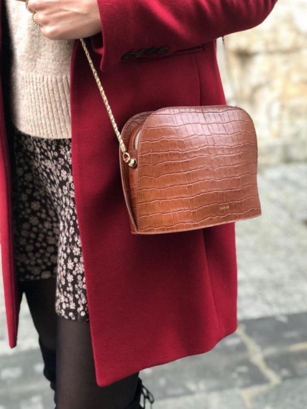 Sezane Cognac Croc-Embossed Leather Crossbody with Gold Rope Chain - Picture 2 of 6